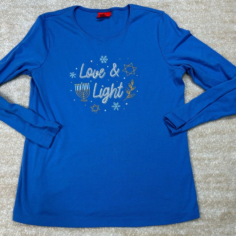 Holiday Lane Top Womens M Blue Long Sleeve Love & Light Hanukkah Graphic Shirt